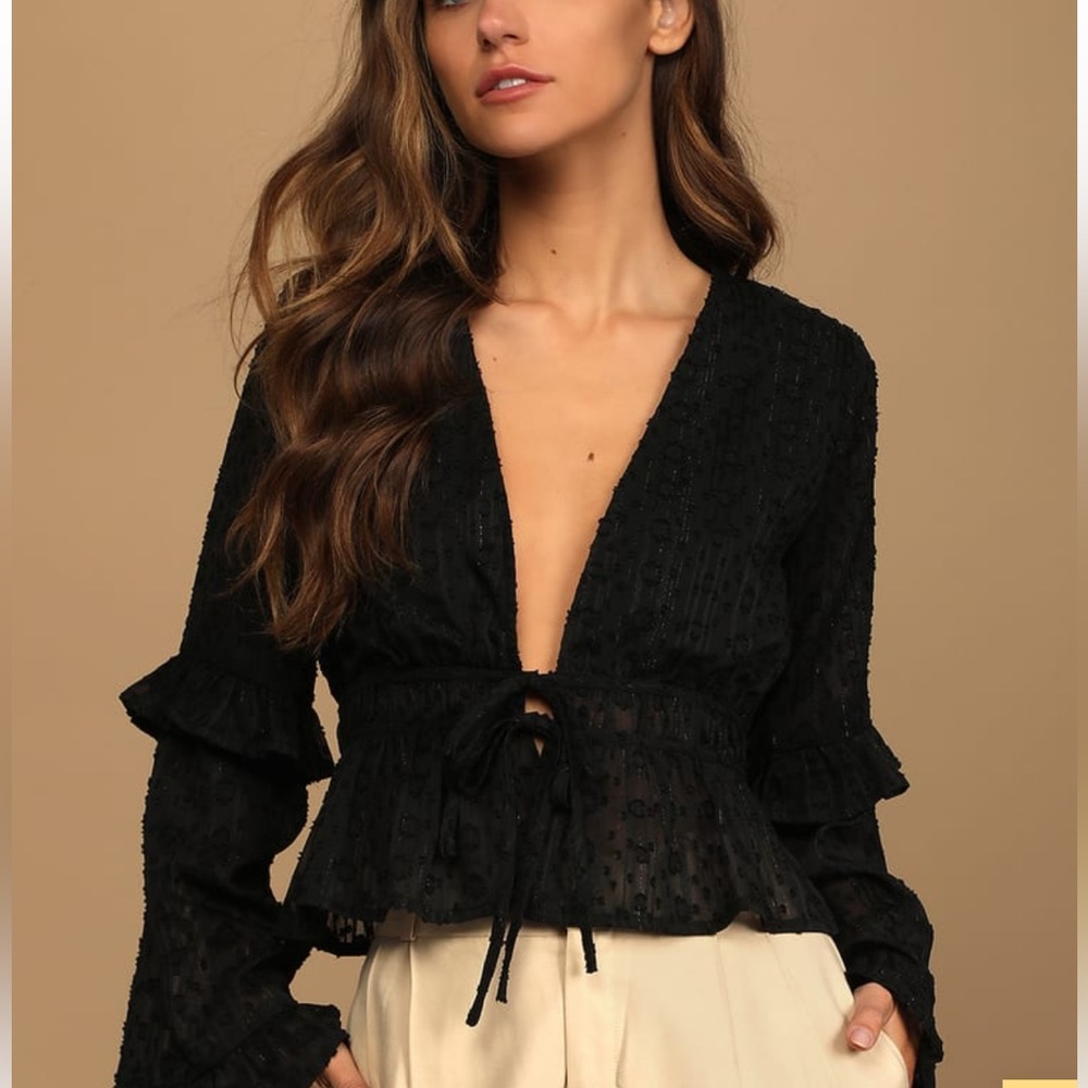 Tie-Front Black V Ruffle Top XS